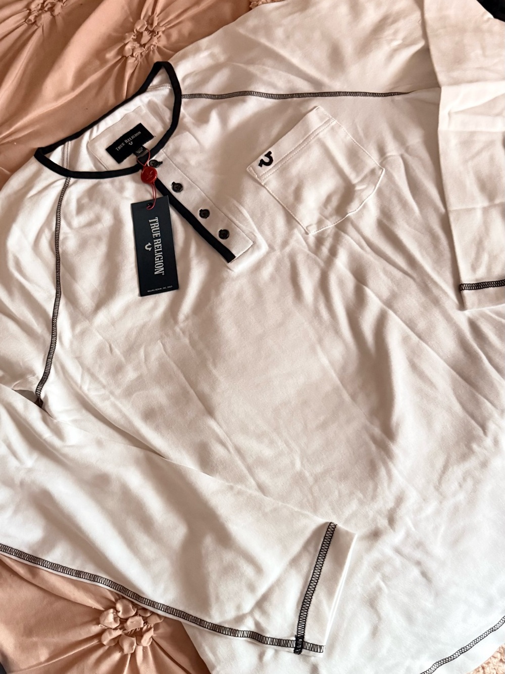 True Religion White Long-Sleeve Henley with Black Contrast Trim